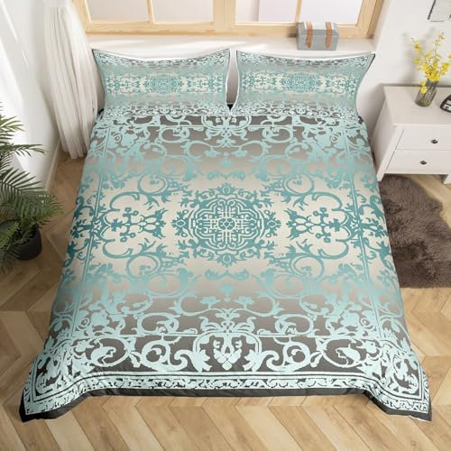 Homewish Blaue Damast Bettbezug Set Gothic 135x200 Bettwäsche Sets,Viktorianische Tröster Bezug Vintage Barock Blumen Gothic Bett Set Antike Medaillon Floral Böhmische Dekor,Grau