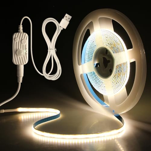 Aclorol USB 5V COB LED Streifen mit Bewegungsmelder 2M Dimmbar LED Strip Neutralweiß PIR Bewegungssensor LED Band Selbstklebend für Treppen Kinderzimmer Schränke Bettbeleuchtung Küche 8mm Breit
