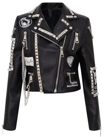 Damen Lederjacke im Punk-Stil, Nieten, schmale Federketten und Matel-Ring, schwarze Jacke, Schwarz , S