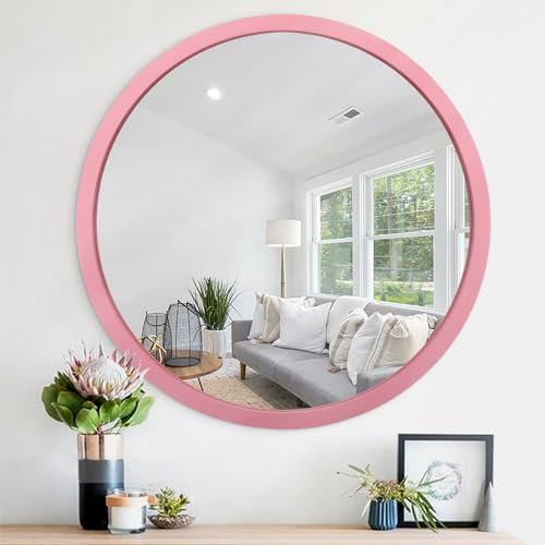 JJUUYOU 40 cm gelber runder Kreisspiegel, Vintage-Holzrahmen, Wandmontage, dekorativ für Badezimmer, Wohnzimmer, Schlafzimmer, Schlafsaal, Rosa