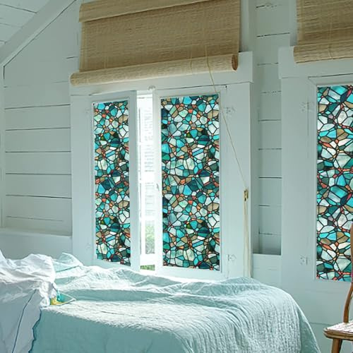 ChicSkin Original handgezeichnet Fensterfolie bunt Kieselsteine 43X287CM | Frühlingsgrün folie für fenster,Statische buntglas fensterfolie doppelseitiges,Wohnzimmer Schlafzimmer Fensterdekoration