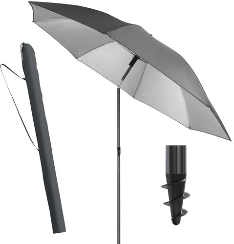 Menz Sonnenschirm Strand, Fb. Anthrazit - UPF 50+ Strandschirm Ø 180 cm, Sonnenschutz für Strand und Balkon - Strandschirm windfest stabil, Sonnenschirm mit Schutzhülle