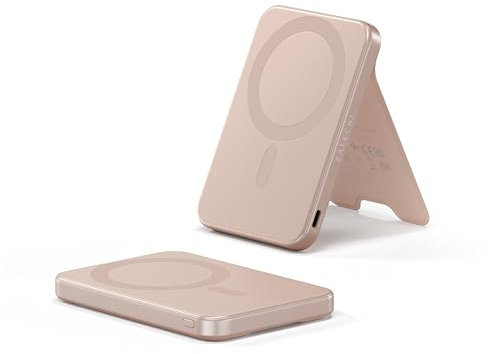 SATECHI OntheGo™ Batteria Esterna 5000mAh, Power Bank MagSafe Qi2 con Ricarica Rapida 15W e Supporto Integrato, Compatto, per Android e tutti gli iPhone 17 16 15 fino a 12 – Rosa