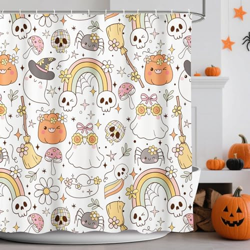 AIBIIN Rideau de douche d'Halloween mignon avec fantômes mignons tête de mort mignon citrouille balai magique lavable imperméable à thème d'Halloween en polyester, blanc, 180 x 180 cm
