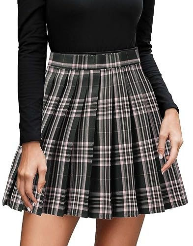 2026 Mini jupe trapèze plissée décontractée à carreaux pour femme avec nœud, Rose, L