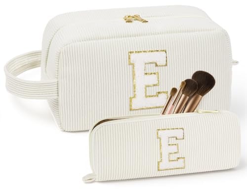 ALIIP Beauty Case da Viaggio, 2 PCS Borsa da Toilette da Viaggio, Pochette Donna Trucchi, Borsa Trucco Lettera, Borsa Cosmetica in Velluto a Coste, per Donne Ragazze-Lettera E