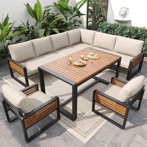 YSMerax Garten-Lounge-Set, Gartensofa mit Esstisch aus Massivholz, Möbelset für 8 Personen, verstellbare Beine, alle Sitz- und Rückenkissen inklusive (Beige)