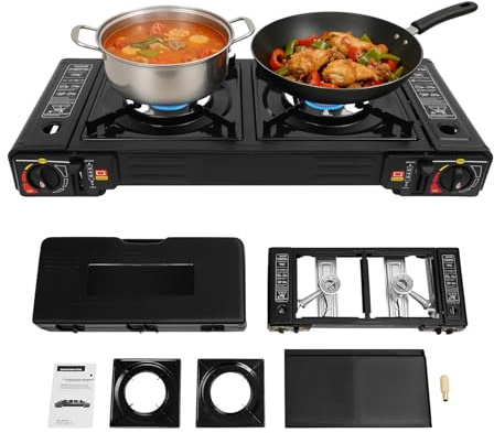 LENJKYYO Gaskocher 2-Flammig, Campingkocher mit Grillplatte & Tragetasche, Tragbarer Gaskocher, 2500W pro Brenner, Gaskocher für Gasflasche & Kartusche, Piezozündung, Überdruckschutz für Outdoor