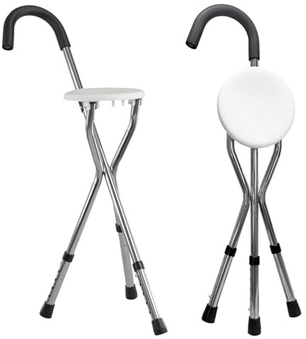 MP Essentials Lightweight Portable Folding Walking Stick with Chair Seat Cane with Anti Slip Rubber Feet and Adjustable Height | Disability Elderly Walking Aid Support