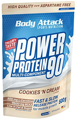 Body Attack POWER PROTEIN 90 - Cookies N Cream - 500g Beutel - Mehrkomponenten Protein Pulver, Made in Germany - Mit BCAA, Vitaminen & L-Carnitin - Protein Shake extra cremiger Geschmack
