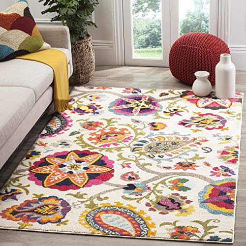 SAFAVIEH Monaco Collection Area Rug - 6'7 Square, Ivory & Multi, Boho Floral Design, Non-Shedding & Easy Care, Ideal for High Traffic Areas in Living Room, Bedroom (MNC229A)