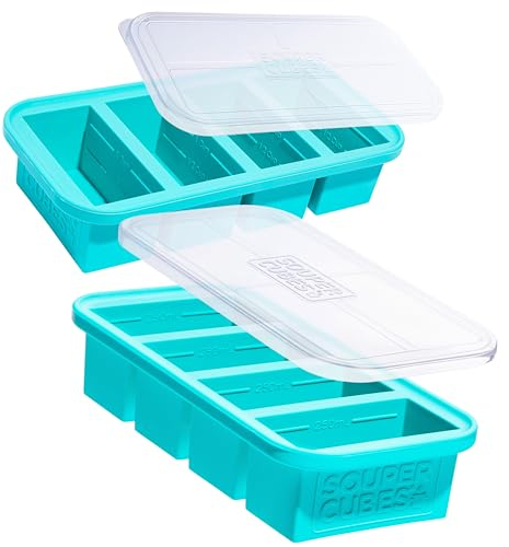 Souper Cubes 1 Cup/250 mL Silicone Freezer Tray with Lids, Perfect for Storing Soup, Broth, Sauces, Batch Cooking and More, Oven-Safe Silicone Freezer Moulds - Aqua - 2-Pack