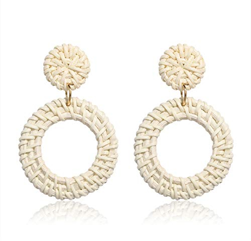 Woven Rattan Earrings Boho Colored Straw Wicker Braid Drop Dangle Earrings Handmade Round Circle Hoop Earrings Statement Stud Earrings For Women, Rattan, No Gemstone