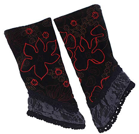 Kunst und Magie Damen Samt Armstulpen Stulpen Handwärmer Handschuhe mit Spitze, Farbe:Grau/Rot/Schwarz