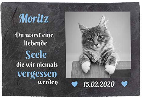 wandmotiv24 Gedenktafel Tiere Schiefer, 30x20cm, Wetterfest, personalisiert mit Ihrem Haustier-Foto Schwarzweiß, Name & Datum, Grabschmuck, Gedenkstein Hund Katze, Trauertafel Haustier,Platte M0244
