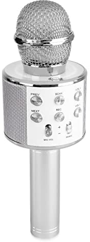MAX KM01 - Karaoke Mikrofon Silber – Kabellos mit Bluetooth & Lautsprecher, Stimmverzerrer, Echo, MP3-Player, Selfie-Funktion & Akku – Mikro für Kinder & Erwachsene – 6W Leistung