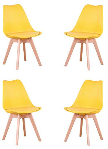 GrandCA HOME Set di 4 Sedie Imbottite per Sala da Pranzo Con Gambe in Legno Massello di Faggio, Adatte per Sala da Pranzo, Soggiorno, Cucina, Camera da Letto, Giallo