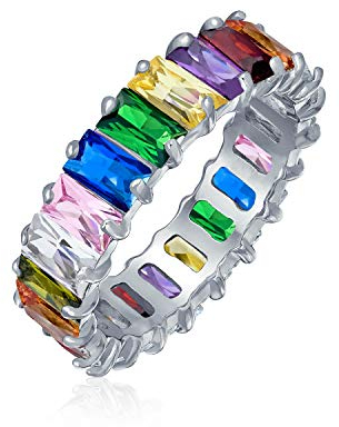 Art Deco Stil AAA CZ Smaragdschliff LGBTQ bunt Regenbogen mehrfarbig Zirkonia Ewigkeit Baguette Jubiläum Ehering Ring für Frauen Roségold .925 Sterling Silber 4MM