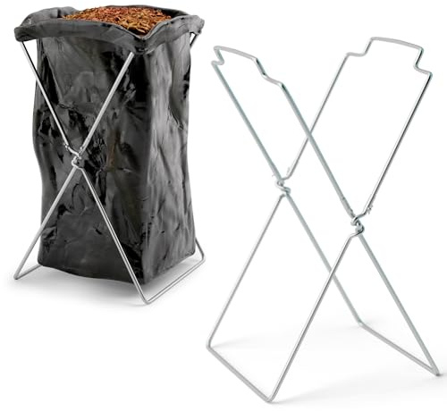 APQ Supply Outdoor Trash Bag Holder for Plastic Bags, 18 x 14 x 32 Inches. Portable Garbage Bag Holder. Folding Wire Holders for Lawn. Collapsible X-Frame Stand Bags for Garden, Laundry, Yard