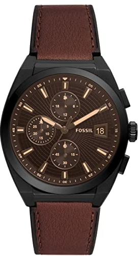 Fossil Everett uhr für Herren, Chronographenwerk mit Edelstahl- oder Lederarmband, Braun, 42MM