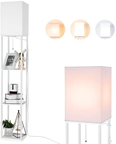 BBHome Modern Stehlampe mit Holzregal, 3 Farbtemperatur Dimmbar LED Hölzern Standlampe für das Wohnzimmer, Schlafzimmer, Büro und Andere Zimmer, 9W Glühbirne Enthalten (Weiß)