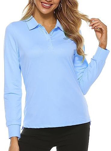 AIRIKE Ladies Women Polo T-Shirt Long-Sleeve Plain Classic Golf Tennis Tops Pique Polo Shirts Blue Size M