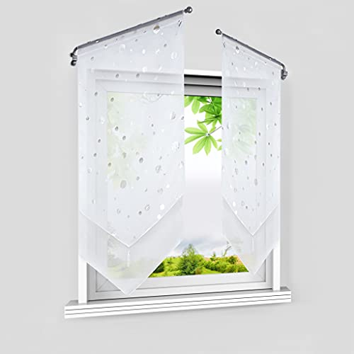 HeichkelL Voile Scheibengardine mit Silbernen Kreisen Bistrogardinen 2er Set Panneaux Doppelschicht Kurzstore Modern Küchenvorhang mit Quaste Weiß BxH 60x90 cm 2 Stück