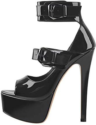 Only maker Peep Toe High Heels Stilettos Skyhigh Heel with Ankle Buckles Pole Dance Sexy Party Shoes Cool Black EU 37