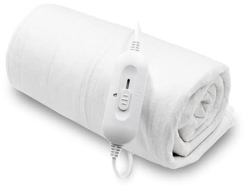 Purus Double Electric Blanket 135 x 120cm, Soft Polyester Electric Blanket Fitted Underblanket Mattress Cover, 3x Heat Settings, 1x Controller and Machine Washable White Heated Blanket