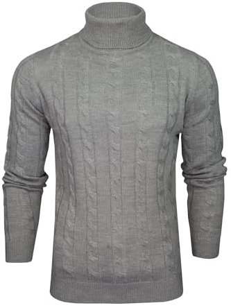 Xact Men's Roll Neck Cable Knit Jumper – Fold-Over Polo Neck Pullover Sweater, Mid-Weight Textured Knit for Smart or Casual Autumn & Winter Layering – UK Brand (Mid Grey Marl) M