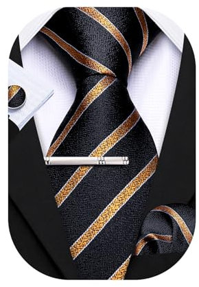 Barry.Wang Herren Seidenkrawatten-Set, formelles Einstecktuch, Manschettenknöpfe, Krawattenklammer, klassisch, gestreift, Paisleymuster, Krawatten-Set, Business, Hochzeit,goldfarben, Einheitsgröße