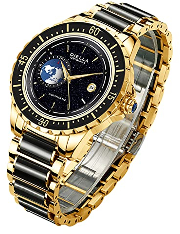 Diella-Skelett automatische Skelett Uhren für Männer, Luxus-Männergelenksuhren mit schwarzem Jade, Goldener Männerkleid mit leuchtender, selbstwindender, wasserdicht, Sternenhimmelkugel (DAD6058G-GL)