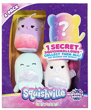Squishville SQM0327-4er Pack Glitzer Squad, superweiche Mini-Squishmallows, 5cm Plüschfiguren
