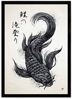 Strand Clothing Japanische Ukiyo-e-Kunstdruck-Poster Woodblock – Koi-Karpfen und Kalligraphie – Wanddekoration – Schwarz groß