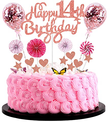 Happy 14th Birthday Tortendeko 14 Jahre Mädchen Rosa Tortendeko 14. Geburtstag Mädchen Rosegold Mit Herz Stern Ballon Glitter Cake Topper für 14. Geburtstag