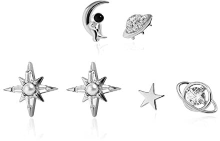 Meissa Ohrstecker aus Sterlingsilber für Damen, niedlich, klein, zierlich, Mond, Stern, Planet, Raumschiff, Astronaut, Ohrring-Set, 3 Sets für Piercings (Silber)