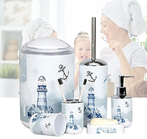 Lighthouse Bathroom Accessory Set, 6 Pieces Luxury Bath Accessories Bath Set Lotion Bottles Toothbrush Holder Tooth Mug Soap Dish Toilet Brush Rubbish, for Modern Design - Plastic