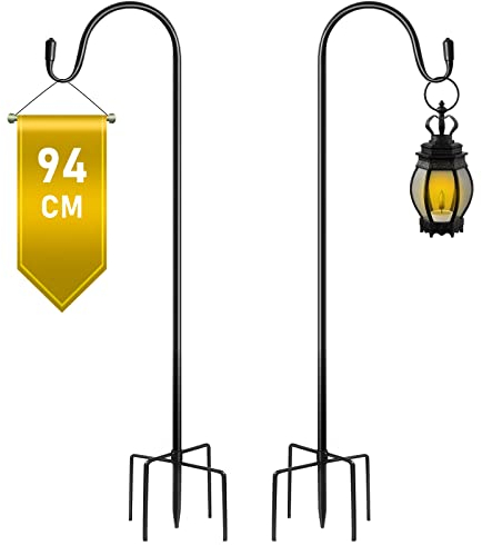 SEGNAYEN Shepherds Hooks for Garden Lights, 94cm Crook Hooks, Adjustable Outdoor Lantern Hook Pole Stand with Metal Stakes Hanging Small Plant Basket, Solar Black, 2 Pack