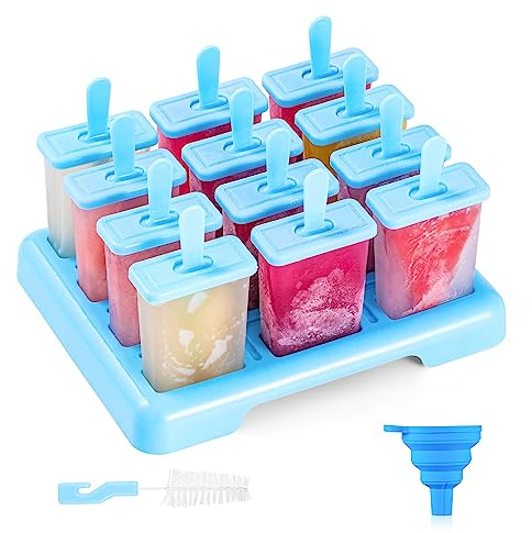 ANSMIO Premium Eisformen Set - 12 Wiederverwendbare Eis am Stiel Formen - Ideal für Eiscreme und DIY Desserts - BPA Frei - Inklusive Reinigungsbürste und Silikon Falttrichter