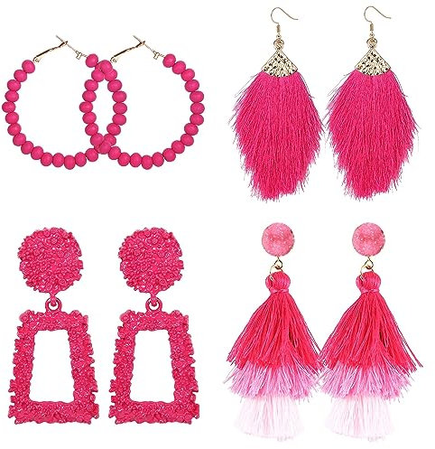 JeryWe 4 Paar Hot Pink Ohrringe für Frauen Statement Ohrringe Herz Blatt Geometrische Tropfen Baumeln Ohrringe Geometrische Ohrringe Lange Quaste Ohrringe