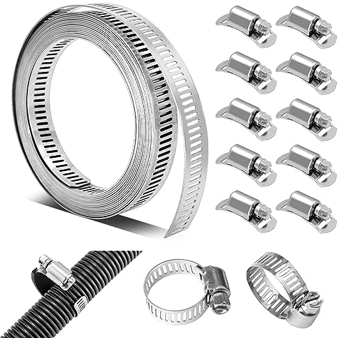 Schlauchschellen Edelstahl,3 Meter Einstellbare Schlauch Clips ,DIY Schlauchklemme Lochband Set mit 10 Stück Befestigung für Garten Waschmaschine Haus Gas Rohr Wasser Rohr Tank AutomobilTubing
