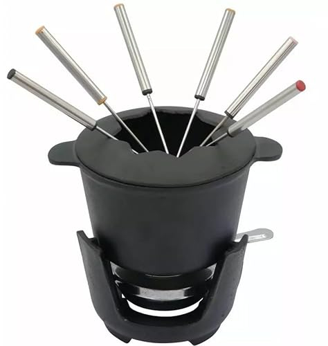 Luckyberg Fondue Set| aus Gusseisen mit 6 Gabeln, Geeignet für Käse- Schoko- und Fleisch-Fondue, 1,5l, Schwarz, Ø16cm