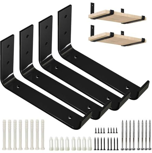 4Pcs Heavy Duty L Shape Shelf Brackets, 200mm(8 inch) Black Industrial Metal Scaffold Board Shelf Bracket for Wall Mounted Shelves with Matching Screw and Anchors, 200x30x110mm