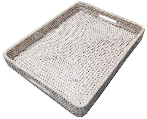 i-lan 17 Handwoven White Washed Natural Rattan Ottoman Serving Tray with Handles-Decorative Wash White Rectangular Wicker Basket Storage Platter for Fruits,Drinks and Table Things