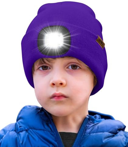 ATNKE Kids LED Beleuchtete Mütze mit Licht,Wiederaufladbare USB 4 LED Laufmütze Extrem Heller Lampe Winter Warme Stricken Mütze Großartig Geschenke für Jungen und Mädchen/Purple