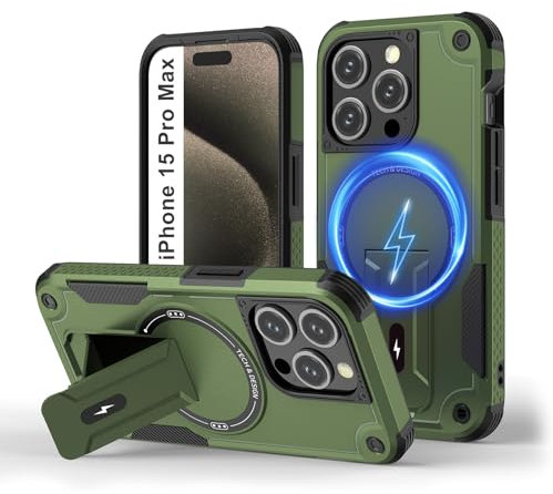 Tuvror Magnetic for iPhone 15 Pro Max Case with Stand. [Compatible with MagSafe] Built-in Kickstand. Rugged Protection Heavy Duty Shockproof Case for iPhone 15 Pro Max (Green)