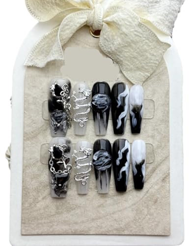 Chinese style ink dragon dark series nail art handmade wearable high-end long removable fake nail patches 10PCS (Size : S)