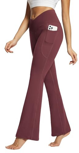 baleaf Damen Yogahose mit Taschen Schlaghose Stoff Flare Leggings Bauchkontrolle Sporthose Stretch Hohe Taille Rot 32 2XL