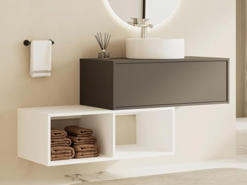 Vente-unique-Mueble de baño Flotante con Lavabo Redondo - 1 cajón Gris Antracita y 2 estantes Blancos - 94 cm - TEANA II