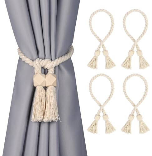 Moorle 4 Stück Raffhalter für Vorhänge, Magnetische Vorhang Raffhalter, Raffhalter für Gardinen Handgestrickte, Boho Vorhang Halter, Beige Gardinen Raffhalter für Kinderzimmer Büro Schlafzimmer